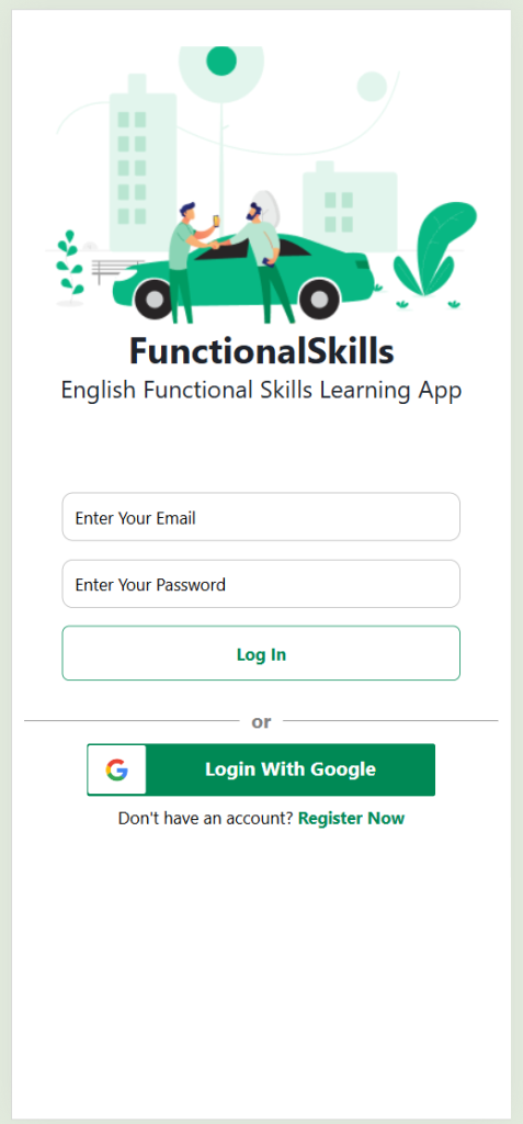 Login screen of the Functional Skills App